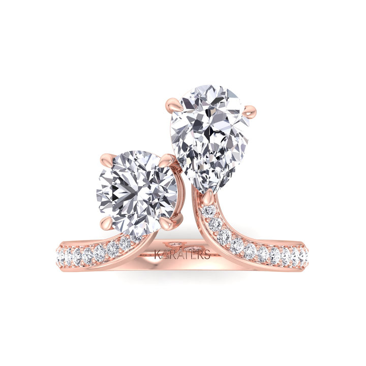 Toi et Moi Round Pear Shape Lab Diamond Rose Ring Pave 