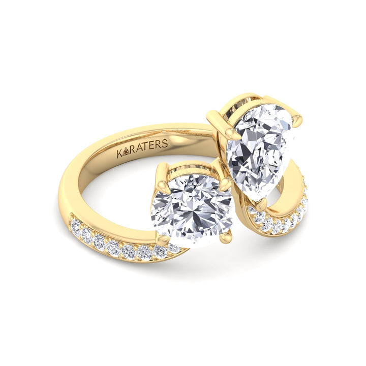 Toi et Moi Round Pear Shape Lab Diamond Yellow Ring Pave Band
