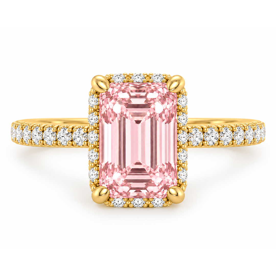 Fancy Pink Emerald Shape Lab-Grown Diamond Halo Pave Engagement Ring yellow 2