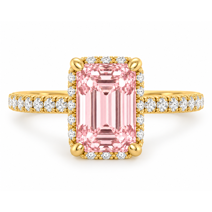 Fancy Pink Emerald Shape Lab-Grown Diamond Halo Pave Engagement Ring yellow 2