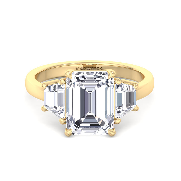 Trapezoid & Emerald Lab Diamond Three-Stone Ring Yellow, Front