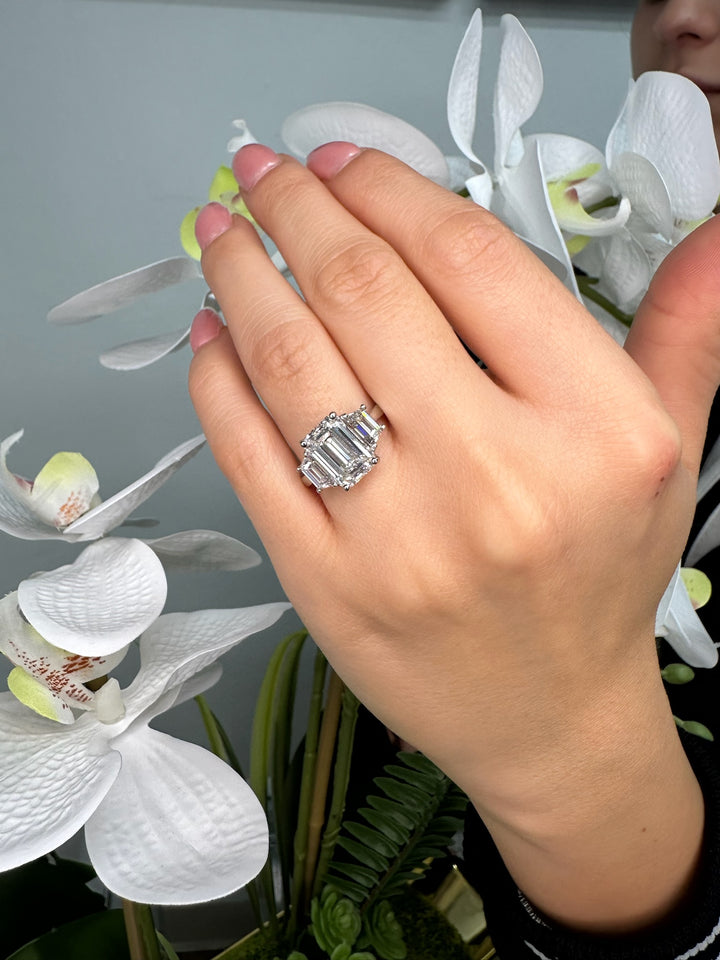 Trapezoid & Emerald Lab Diamond Three-Stone Ring Yellow, On Hand