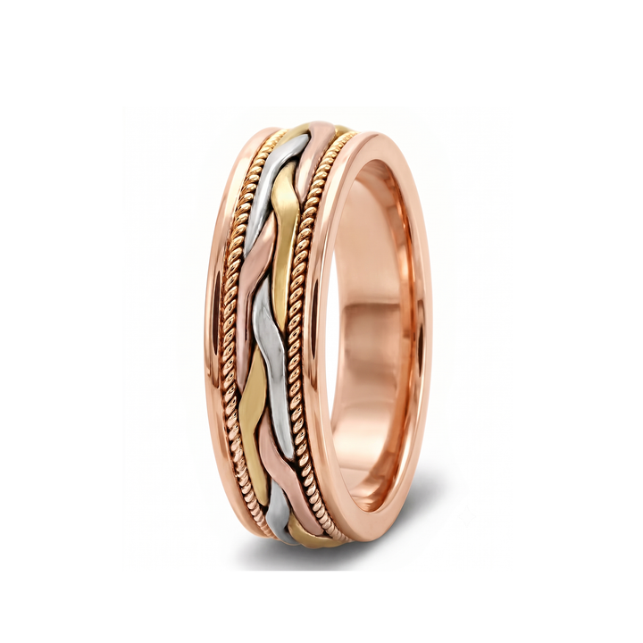 Tri-Tone Woven Braided Men's Solid Gold Band RG 2