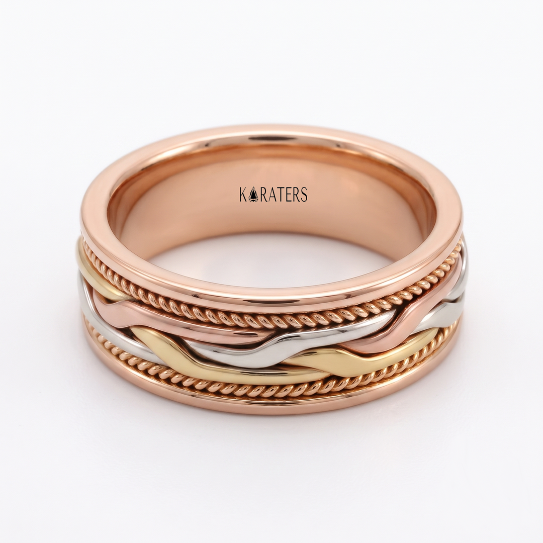 Tri-Tone Woven Braided Men's Solid Gold Band RG