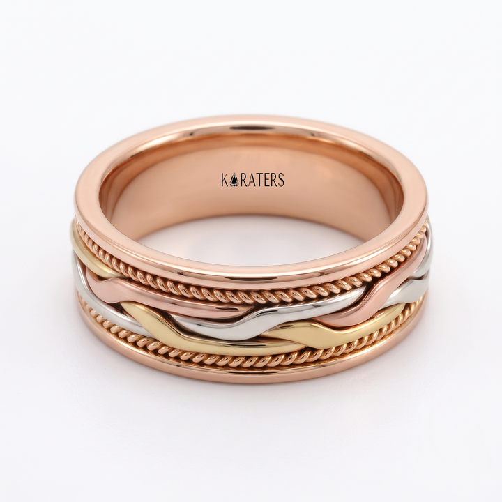 Tri-Tone Woven Braided Men's Solid Gold Band RG