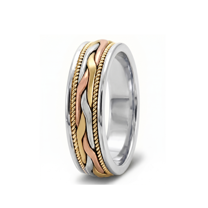 Tri-Tone Woven Braided Men's Solid Gold Band WG 2