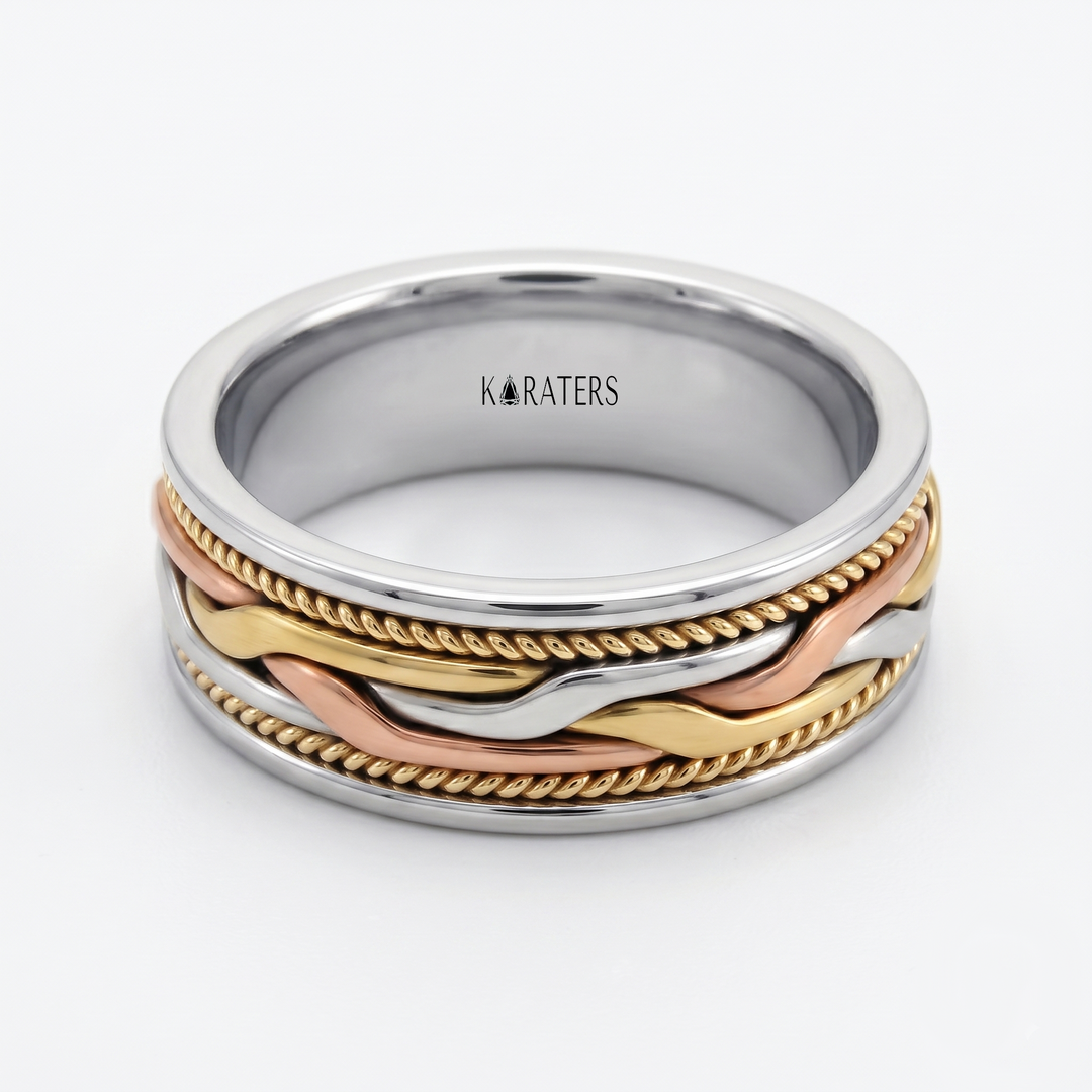 Tri-Tone Woven Braided Men's Solid Gold Band WG