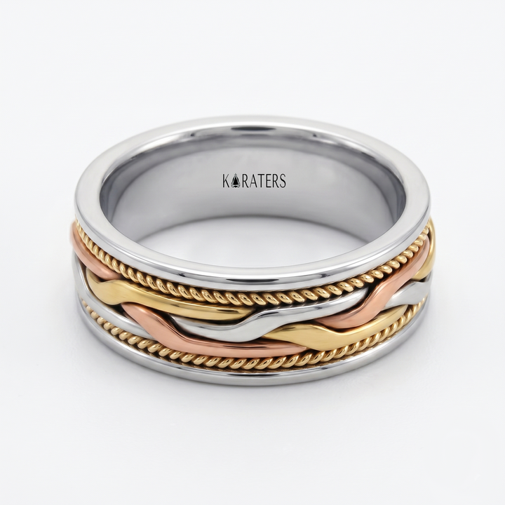 Tri-Tone Woven Braided Men's Solid Gold Band WG