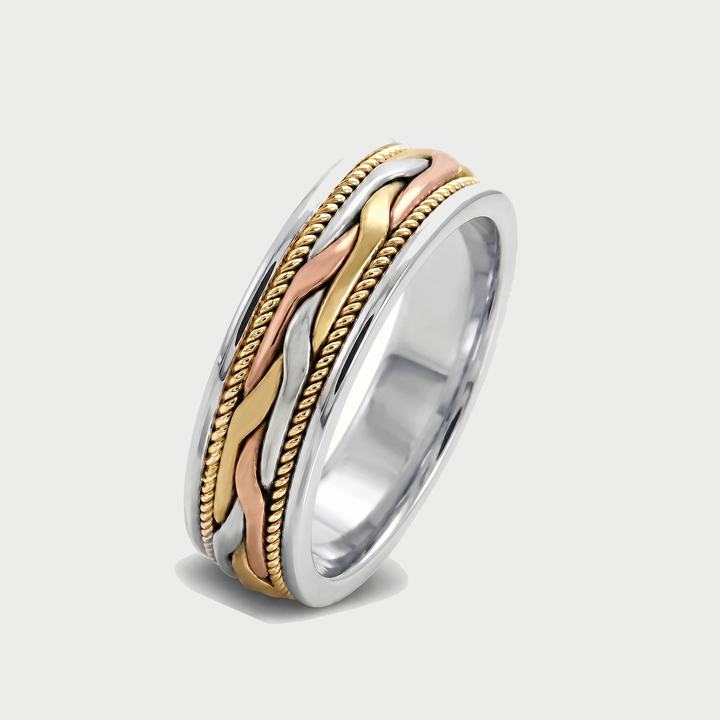 Tri-Tone Woven Braided Men's Solid Gold Band