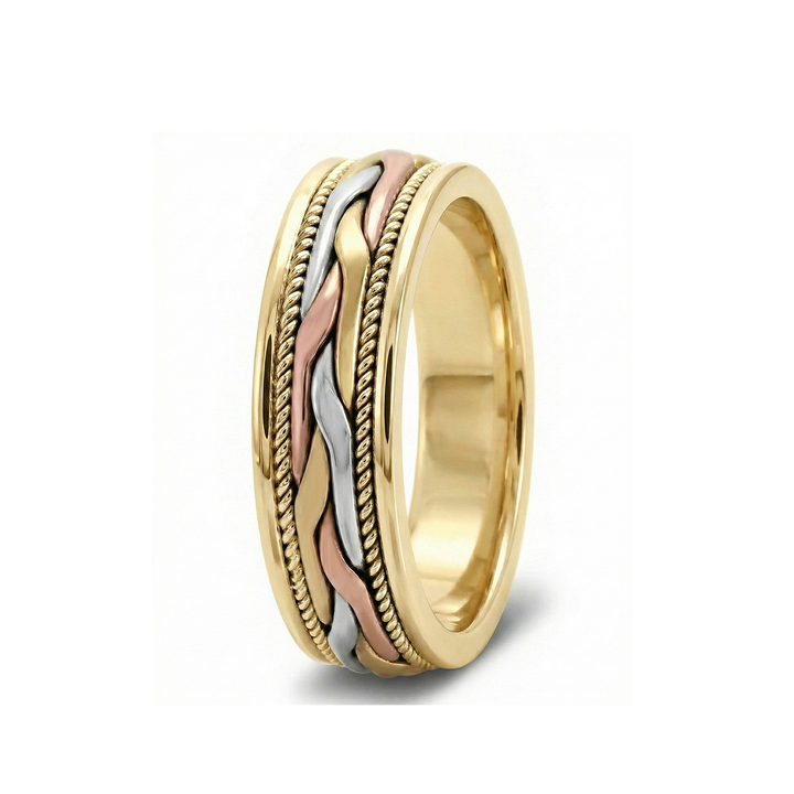 Tri-Tone Woven Braided Men's Solid Gold Band YG 2