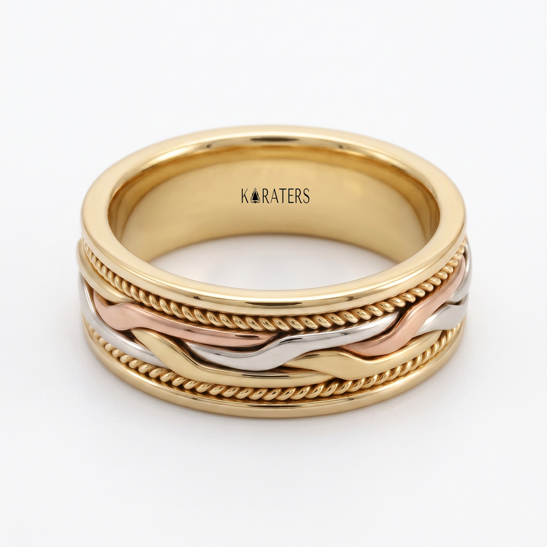 Tri-Tone Woven Braided Men's Solid Gold Band YG