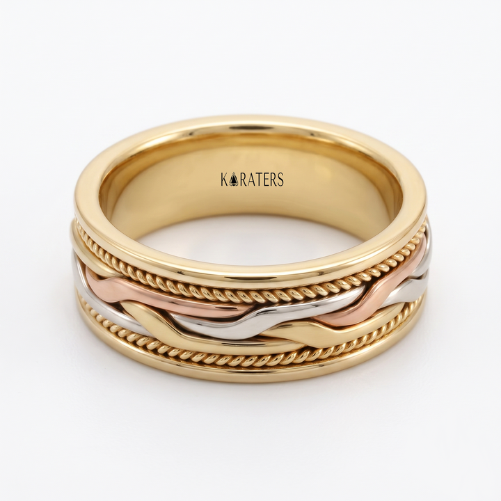 Tri-Tone Woven Braided Men's Solid Gold Band YG