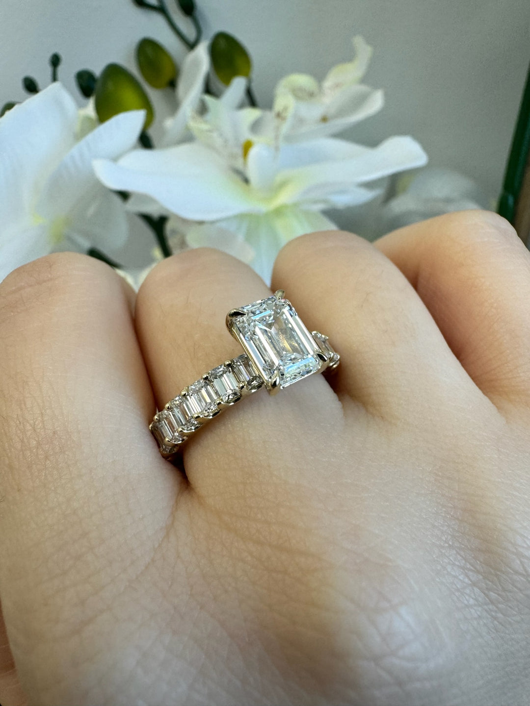 U-Prong Set Emerald Lab Diamond Eternity Ring 