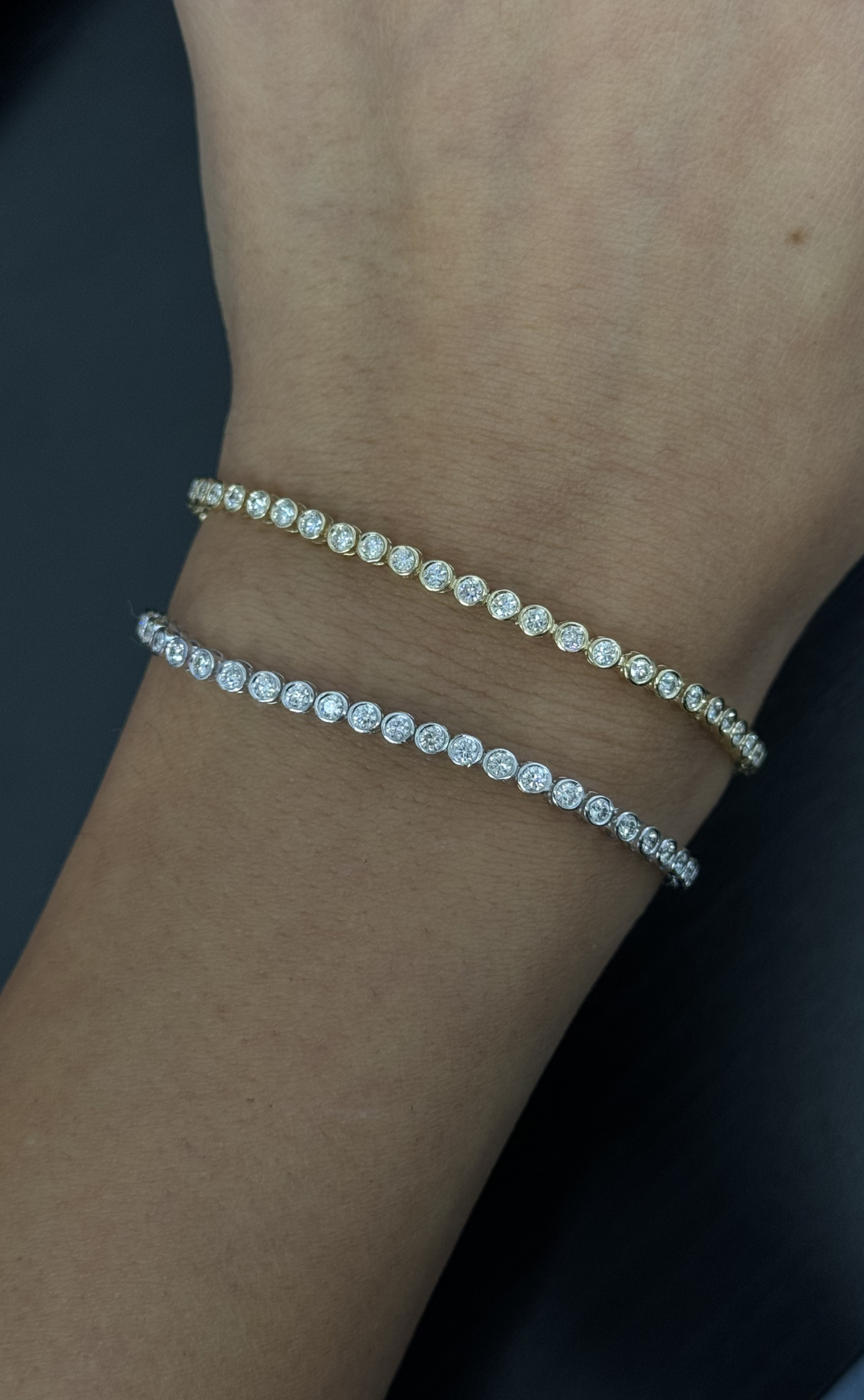 Bezel Set Round Shape Lab Grown Diamond Tennis Bracelet 14K Solid Gold