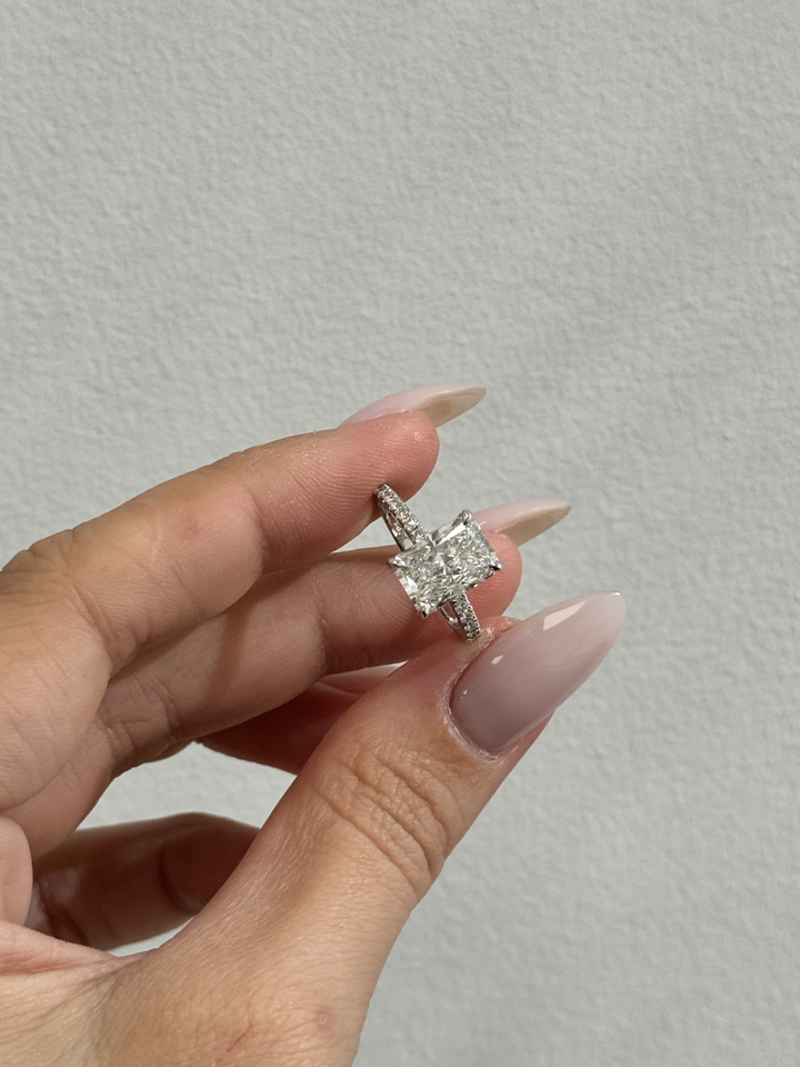 Radiant Cut Lab Grown Diamond Engagement Ring with Pave Band Lifestyle