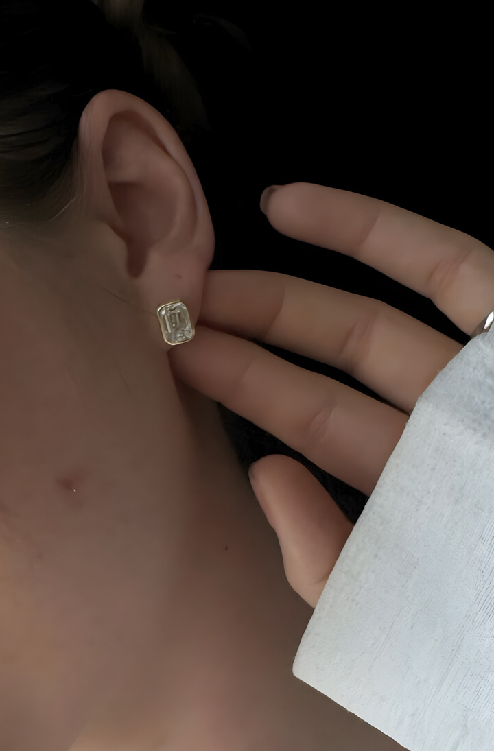 Bezel Set Emerald Shape Lab Grown Diamond Studs