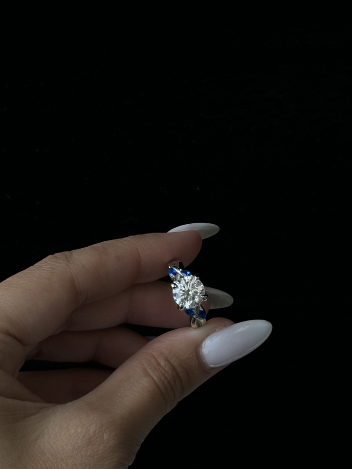 (2.85CT T.W.) - Round Cut Lab-Grown Diamond Engagement Ring with Blue Sapphire Marquise Shape Sidestones