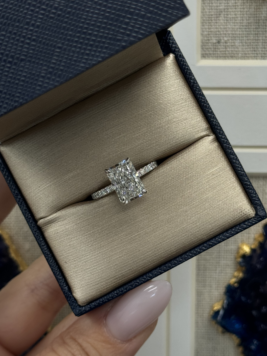 Radiant Cut Lab Grown Diamond Engagement Ring with Pave Band Lifestyle 2