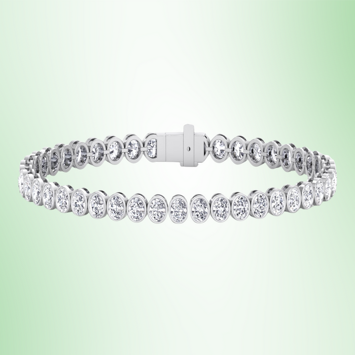 Oval Shape Bezel Set Lab Grown Diamond Tennis Bracelet 18K Solid Gold