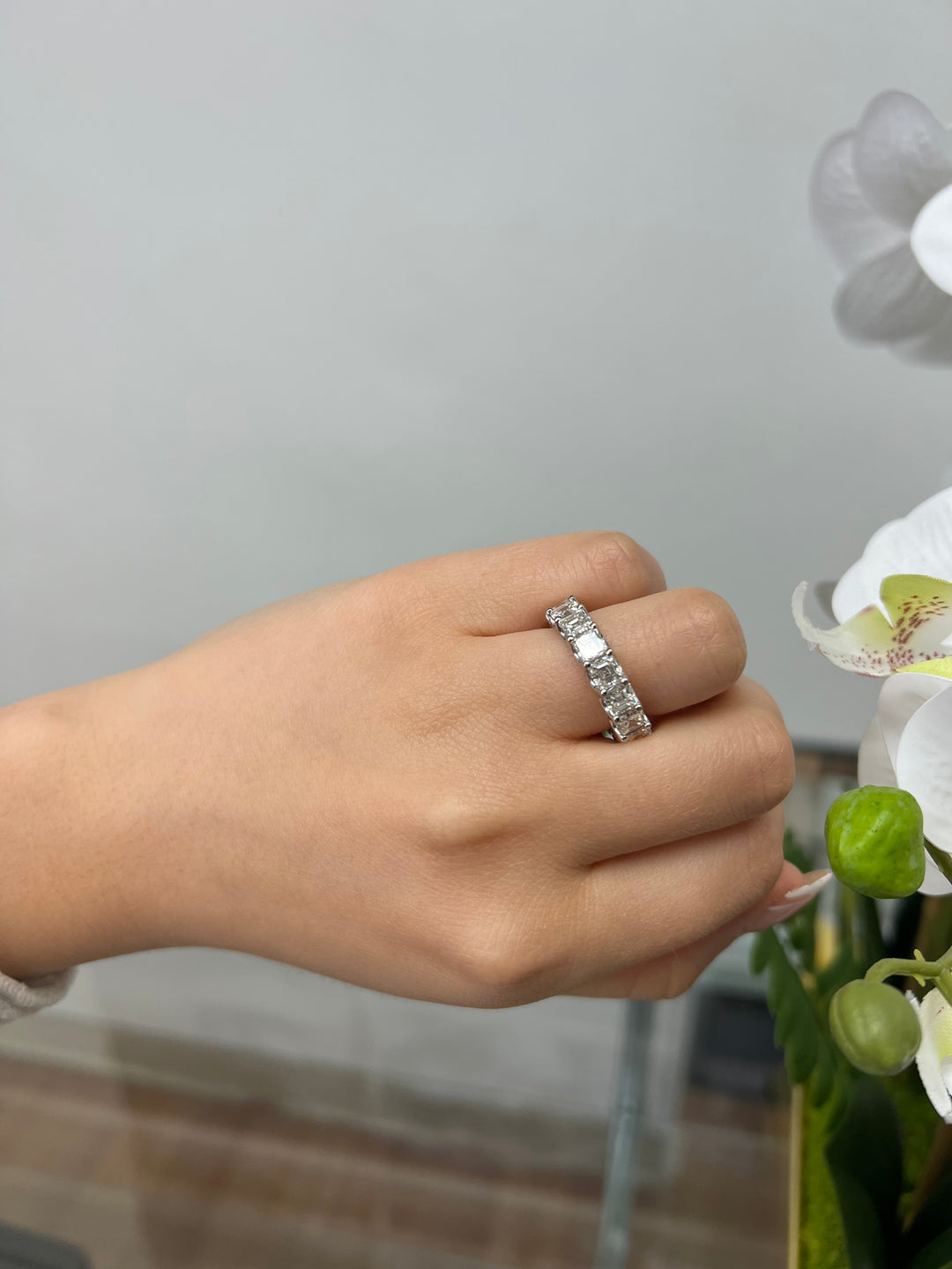 Utrera-Asscher Cut Lab White Gold Diamond Eternity Band, Female Fist