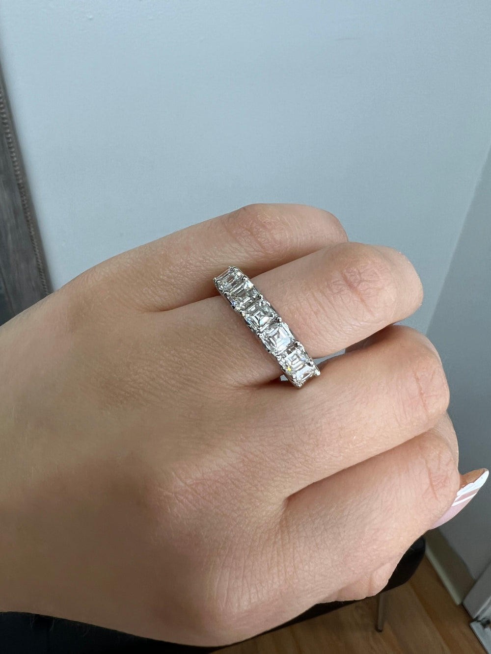 Utrera - Asscher Cut Lab White Gold Diamond Eternity Band, Female Hand