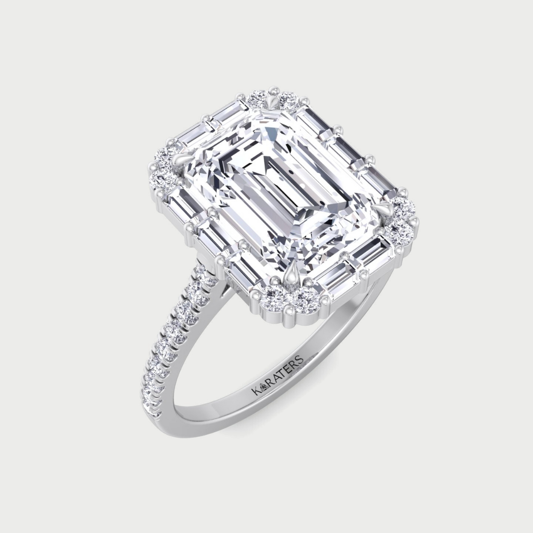 Vintage Emerald Cut Lab-Grown Diamond Engagement Ring with Sidestones