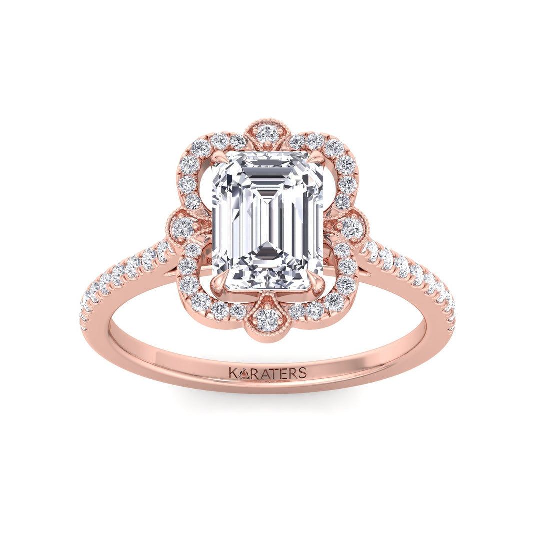 Vintage Emerald-Cut Lab Diamond Ring Rose Pave Band