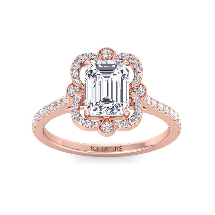 Vintage Emerald-Cut Lab Diamond Ring Rose Pave Band