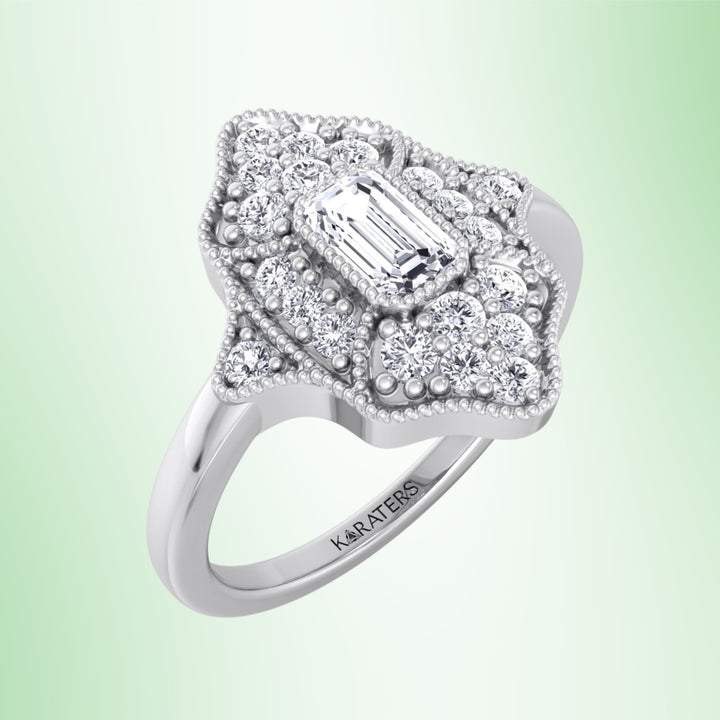 Vintage Emerald Lab Diamond Engagement Ring Round Side Stones
