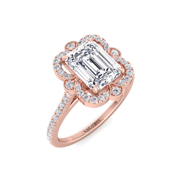 Vintage Emerald Lab Diamond Ring Pave Band Rose 