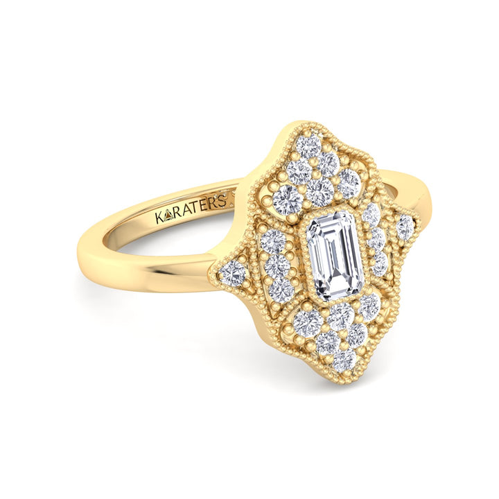 Vintage Emerald Lab Diamond Ring Round Side Stones Yellow