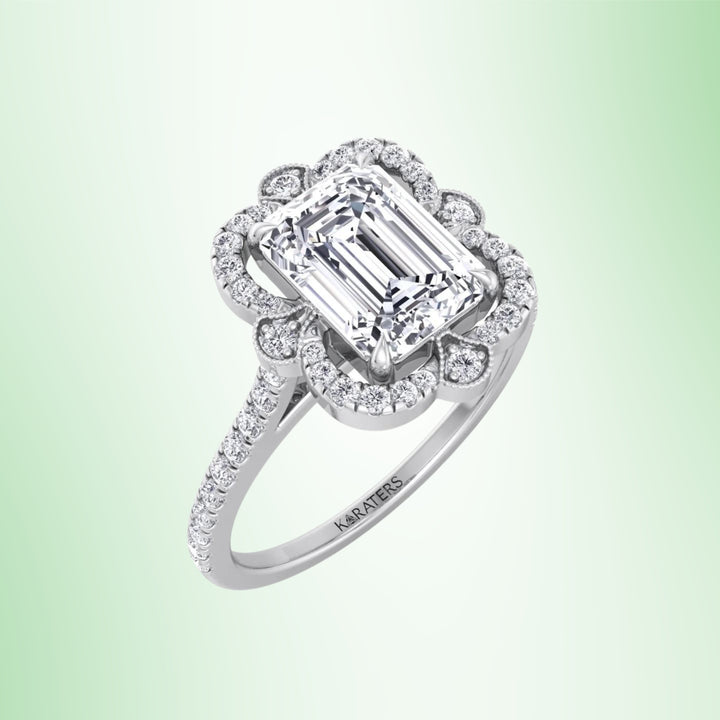 Vintage Style Emerald Lab Diamond Engagement Ring Pave Band