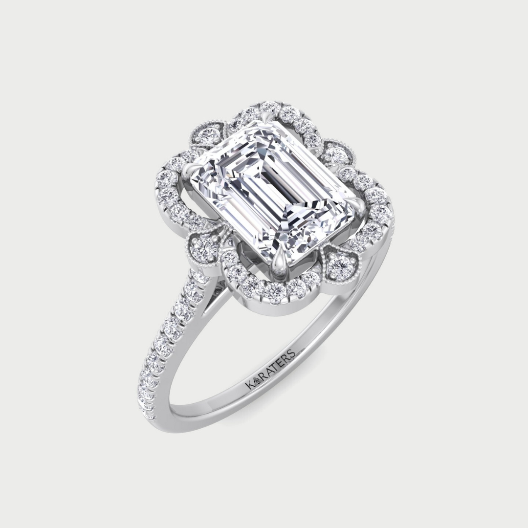 Vintage Style Emerald Cut Lab Grown Diamond Engagement Ring with Pave Band