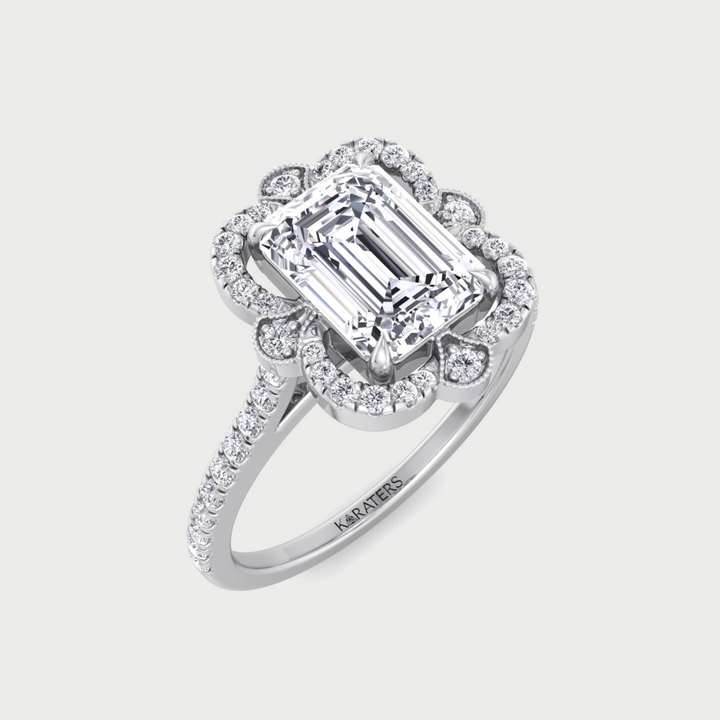 Vintage Style Emerald Cut Lab Grown Diamond Engagement Ring with Pave Band