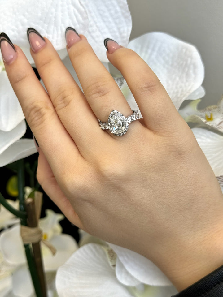 Visalia-Pear Lab Diamond Halo Ring, Female Hand