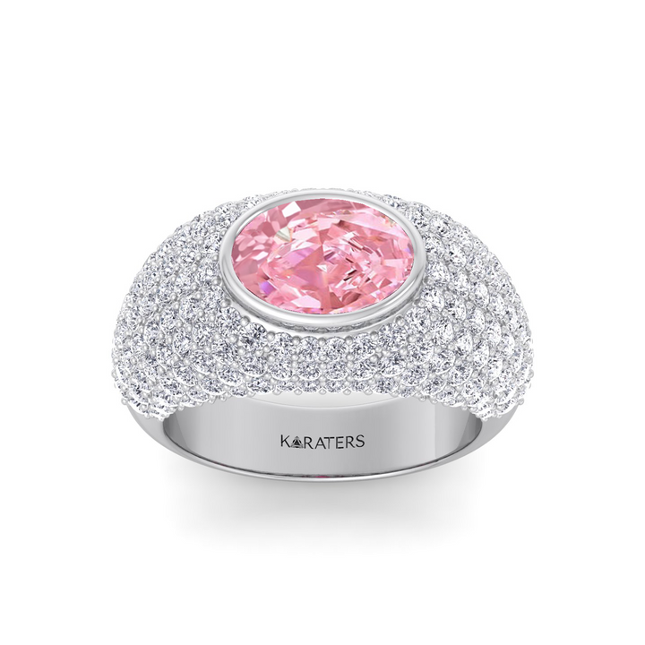 Fancy Pink Oval Shape Lab Grown  In Wide Pave Band Ring WG 2