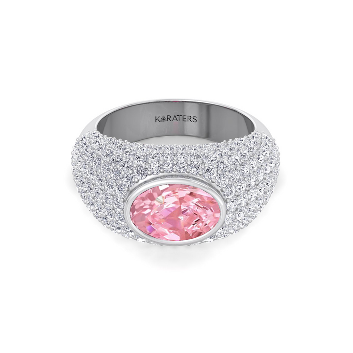 Fancy Pink Oval Shape Lab Grown  In Wide Pave Band Ring WG 3