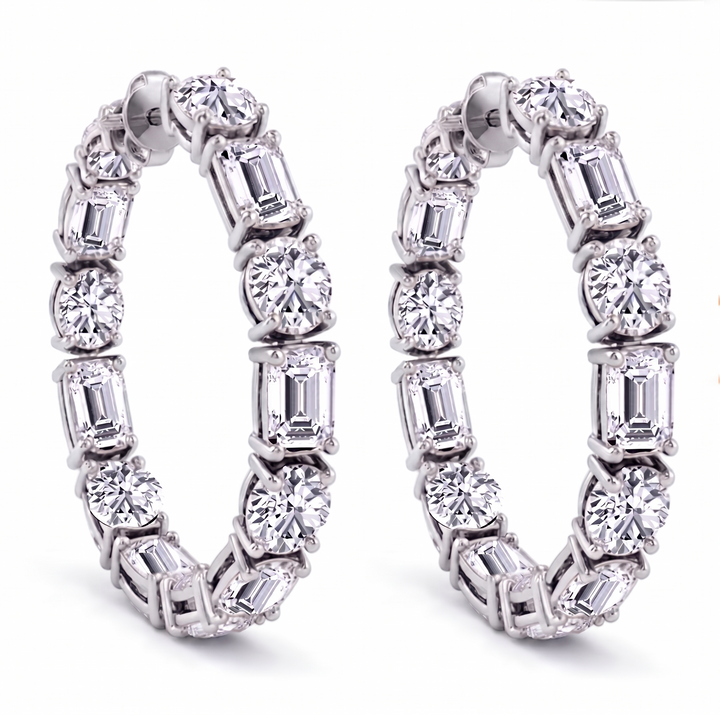 Emerald Cut and Round Alternating Natural Diamond Hoop Earrings WG  2