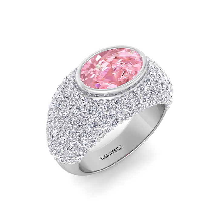 Fancy Pink Oval Shape Lab Grown  In Wide Pave Band Ring WG