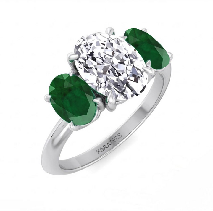 Oval Shape Lab Grown with Green Emerald Oval Shape Sidestone WG 2