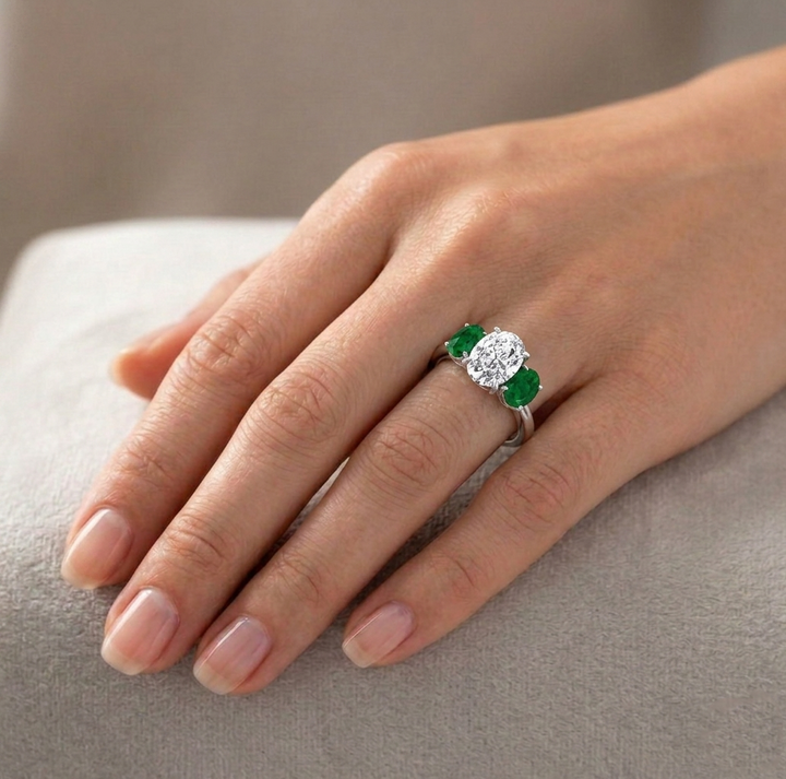 Oval Shape Lab Grown with Green Emerald Oval Shape Sidestone WG lifestyle