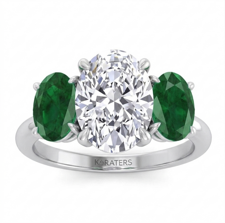 Oval Shape Lab Grown with Green Emerald Oval Shape Sidestone WG 3