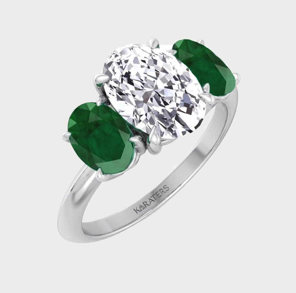 Oval Shape Lab Grown with Green Emerald Oval Shape Sidestone WG
