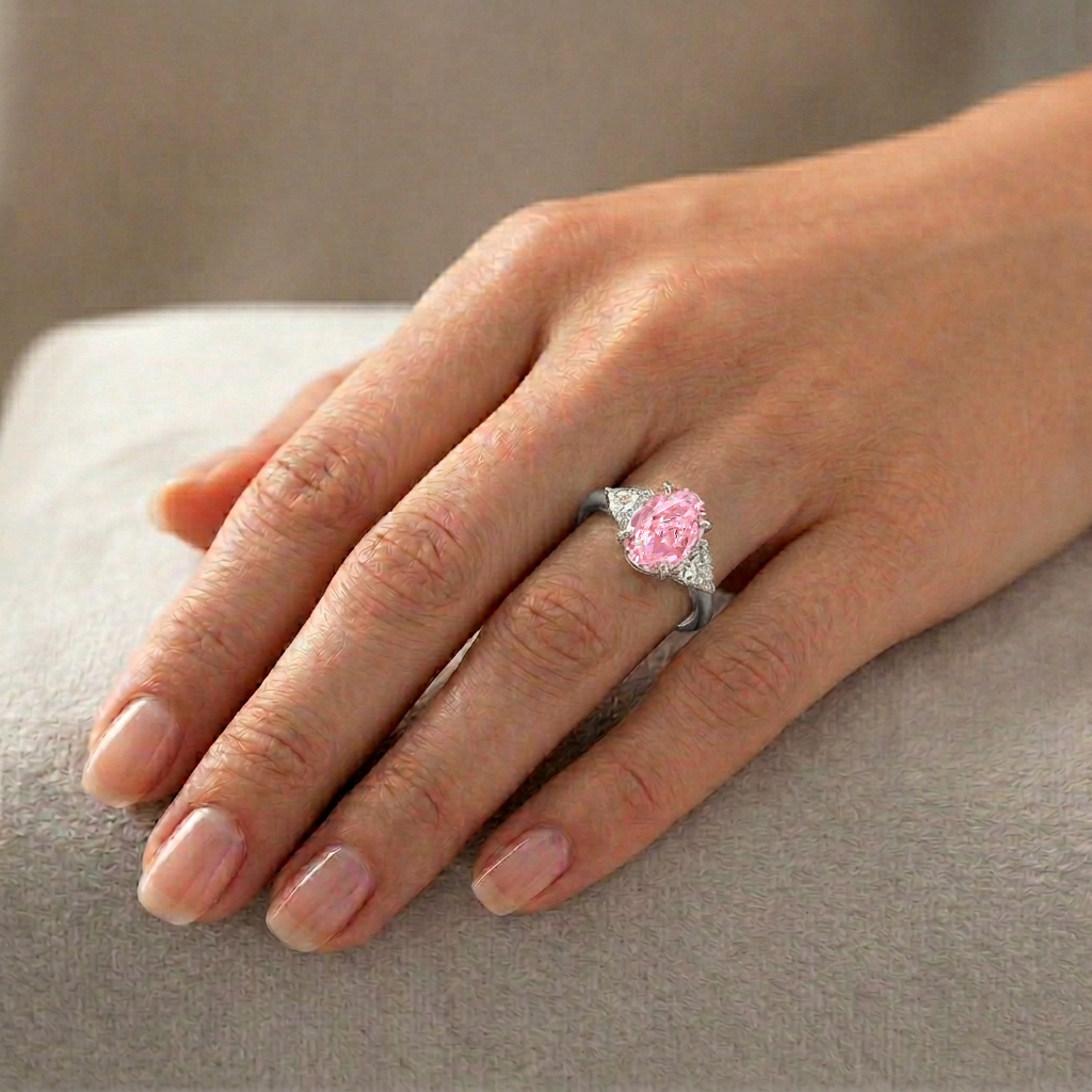 Fancy Pink Oval Shape Lab Grown Diamond Engagement Ring with Trillion Sidestone