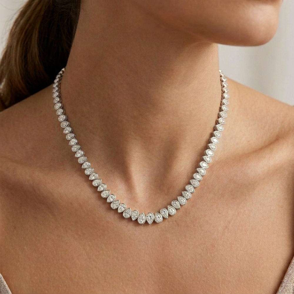 Bezel Set North-South Pear Shape Lab Grown Diamond Tennis Necklace White Gold