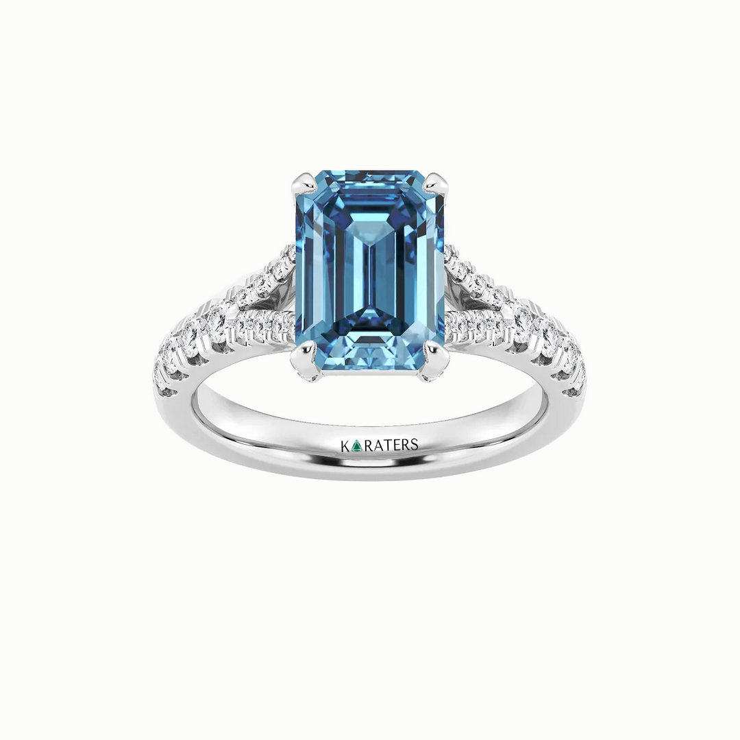 Fancy Blue Emerald Shape Lab Grown Diamond Split Shank Engagement Ring White Gold 18K