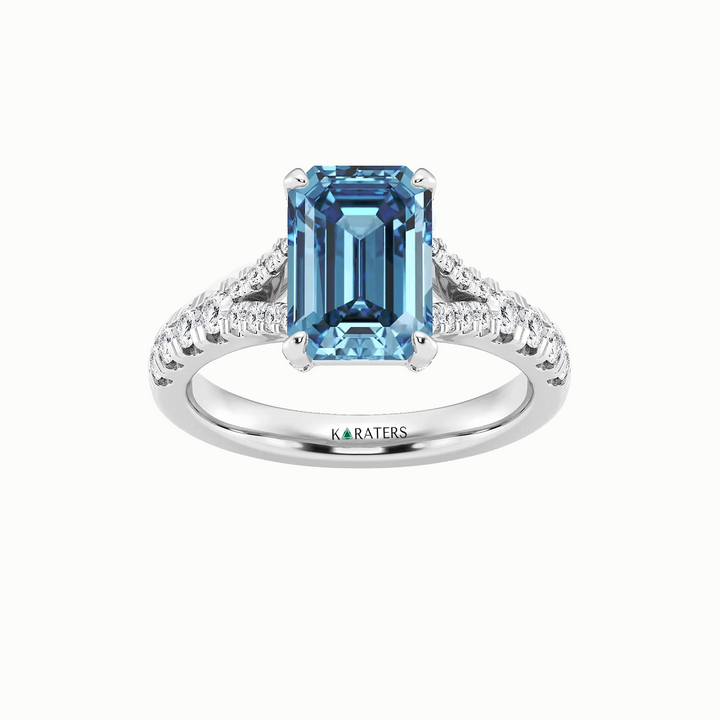 Fancy Blue Emerald Shape Lab Grown Diamond Split Shank Engagement Ring White Gold 18K