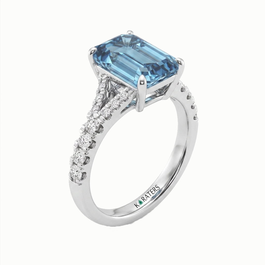 Fancy Blue Emerald Shape Lab Grown Diamond Split Shank Engagement Ring White Gold 14K