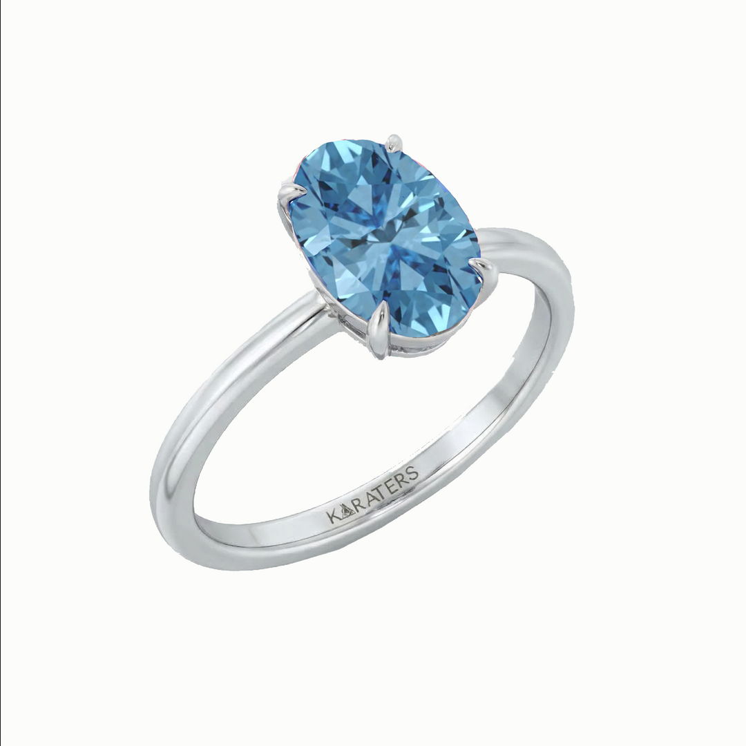 Fancy Blue Oval Shape Solitaire Lab Grown Diamond Engagement Ring  White Gold 18K