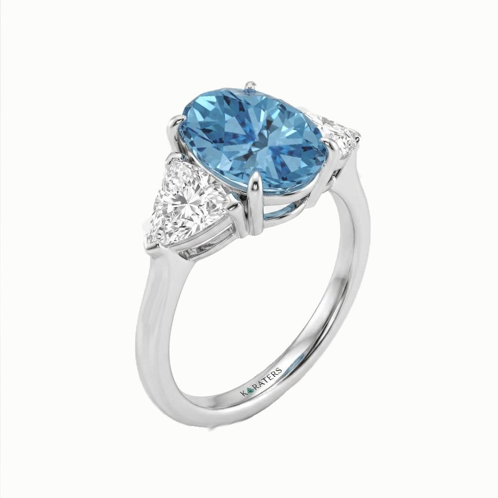 Fancy Blue Oval Shape Lab Grown Diamond Engagement Ring with Trillion Sidestones White Gold 14K